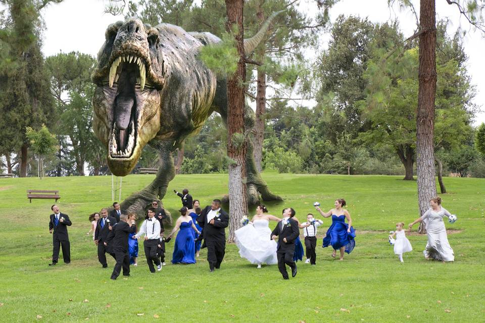 T-Rex wedding chase at brides