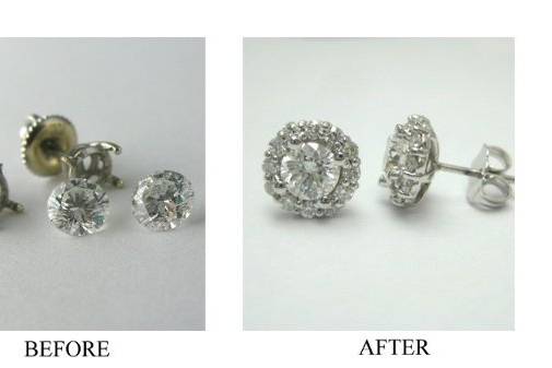 Before & After photo of unworn diamond stud earrings made into magnificent. earrings with diamond halo