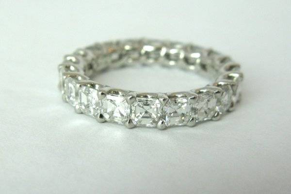 U-Shaped platinum and diamond eternity band. Collection quality Asscher cut diamonds 3.95 ctw. Can be made with other shape, size and quality diamonds.