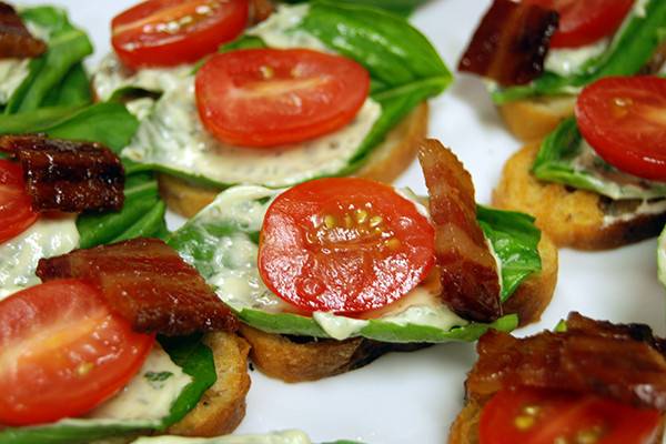 Basil Tomato Crostini with Candied Bacon served at a recent tasting. Interested in coming to a tasting? Email shanez@datztampa.com. Visit us online at www.datztampa.com/catering.