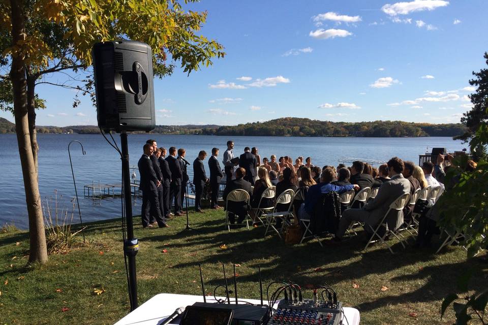 Sample setup for an outdoor ceremony. We use high quality audio equipment to ensure everything sounds perfect! We position ourselves off to the side so we do not show up in any photos. Seating music starts 30-45 minutes prior to the official start, and we play and monitor sound as needed once the nuptials begin!