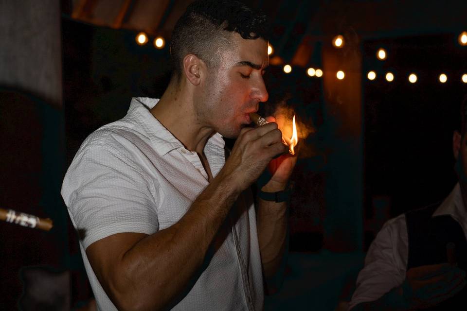 Lighting a cigar