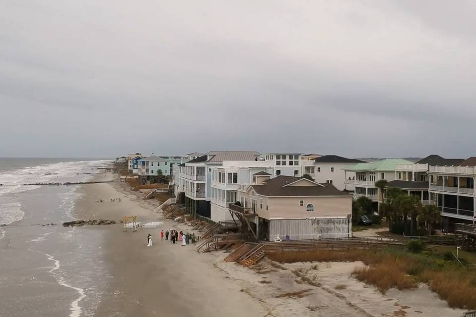 Drone shot of beach wedding