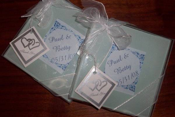 Here shown are the ever popular coaster sets..won at an auction..Bulk quantity, custom personalization offered.