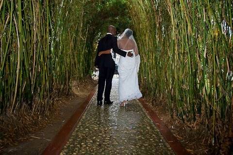 strolling down the bamboo walkway as man and wife