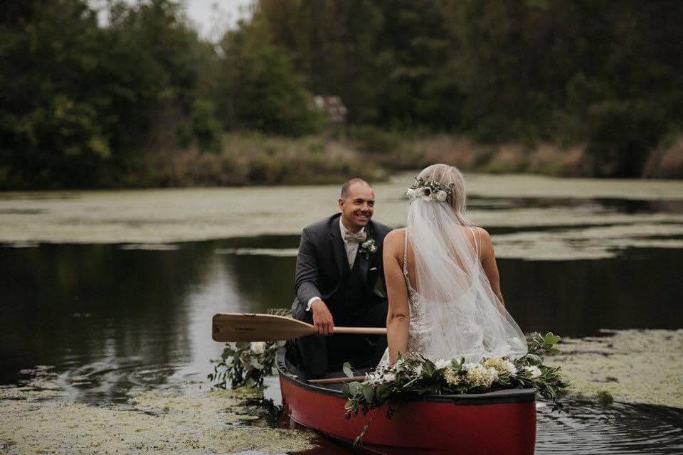 Couple in canoe on pond