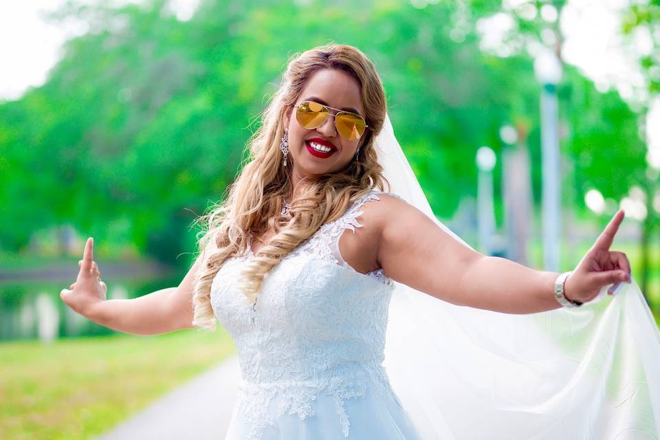 Bride wearing sunglasses