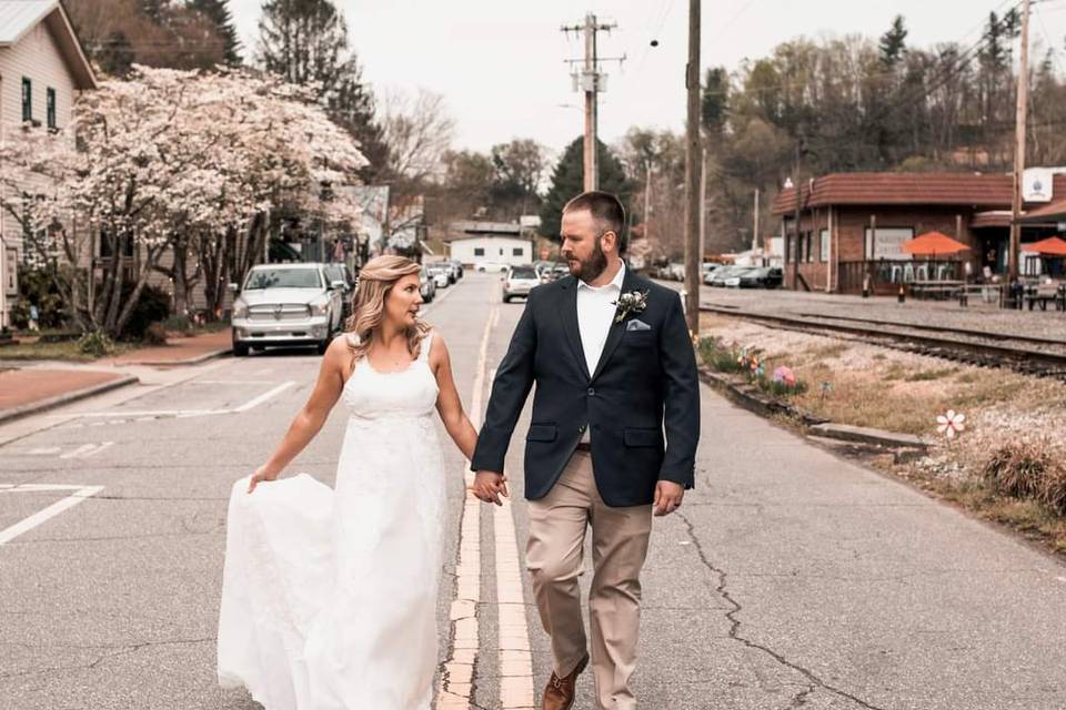 Newlyweds walk downtown