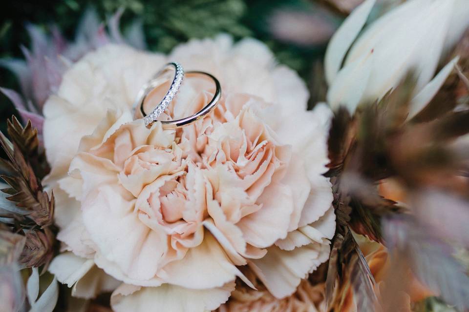 Wedding ring and bouquet