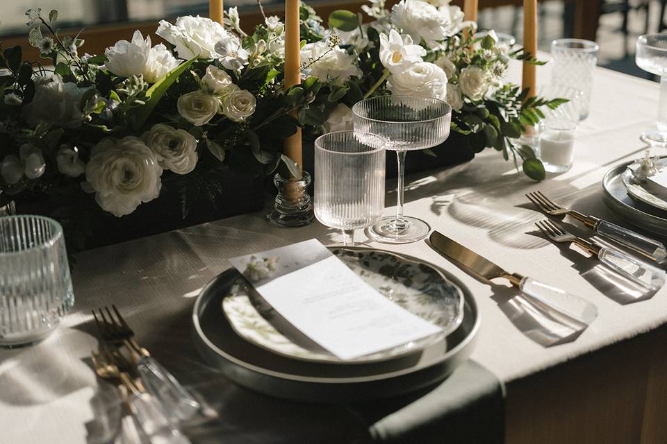 Long table reception flowers