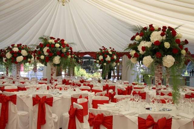 Red and white reception area
