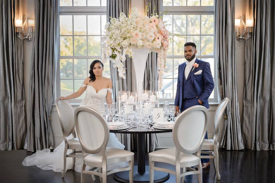 Table setup with flower centerpiece