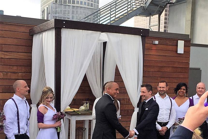 On the roof of 8th and Hope in DTLA.  This small wedding was big on fun!