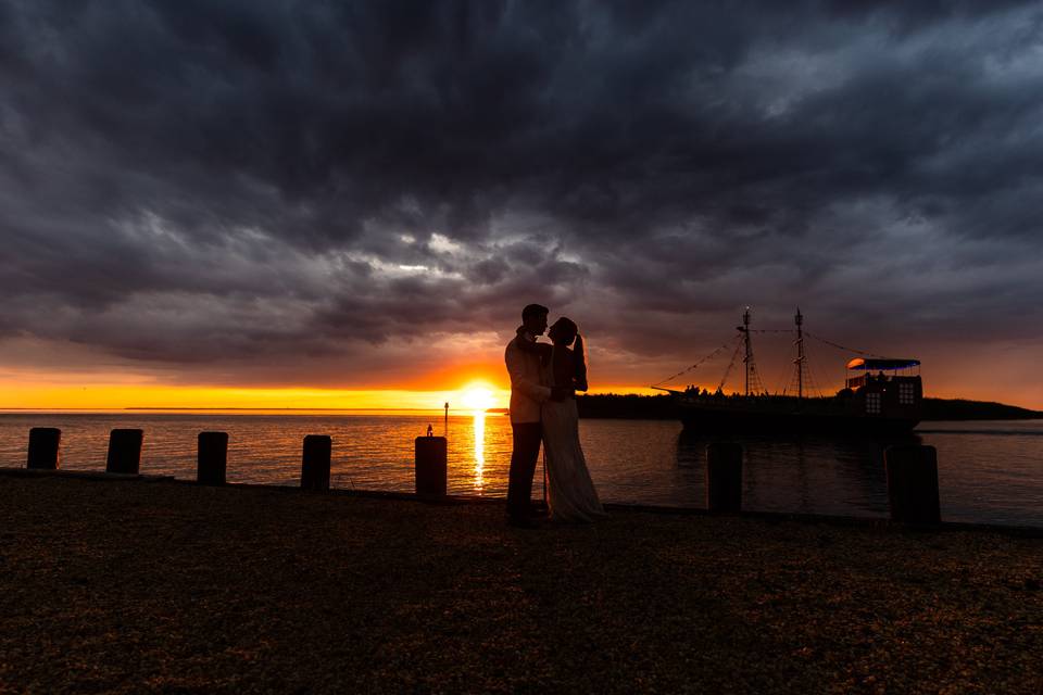 Bride and Groom with sunset