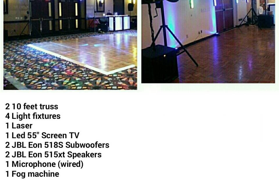 The Gold Package is our mid size setup, it is for up to 150 guests or less, led tv is used for video deejay or it can also display photo slide show for more information call/text 480-478-5226