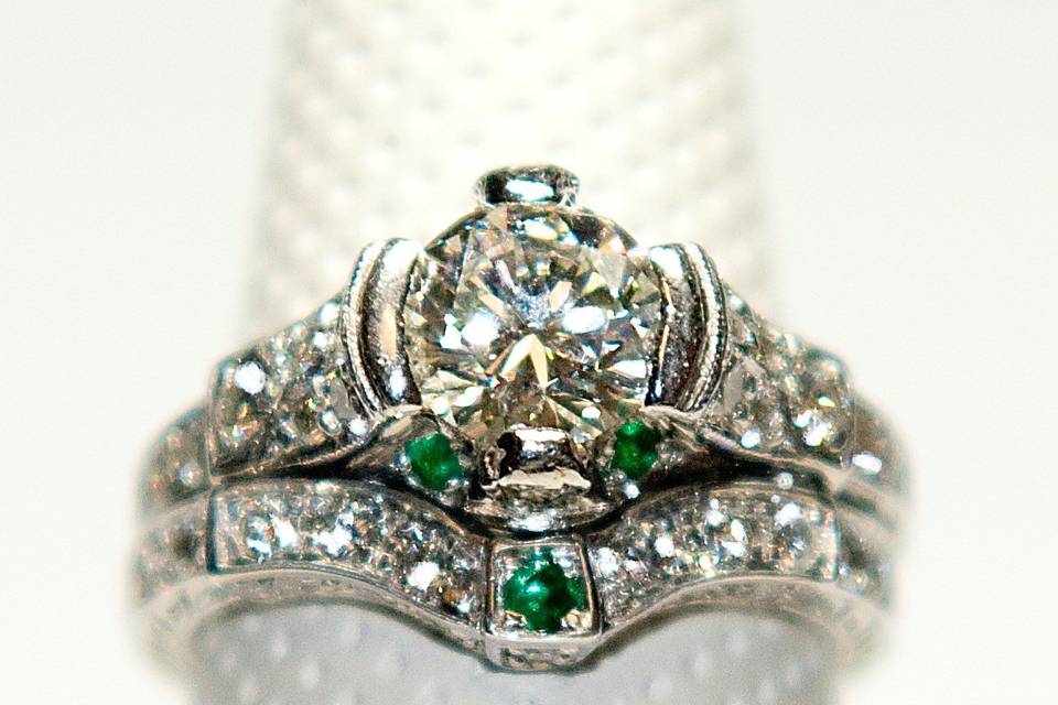 14K WG diamond and emerald Custom wedding band to perfectly match a customer's engagement ring.