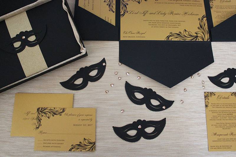 25th wedding anniversary pocket invite.  Masquerade party theme9+