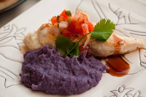 Fresh Red Snapper with locally grown purple mash potato and Hauula tomato relish.