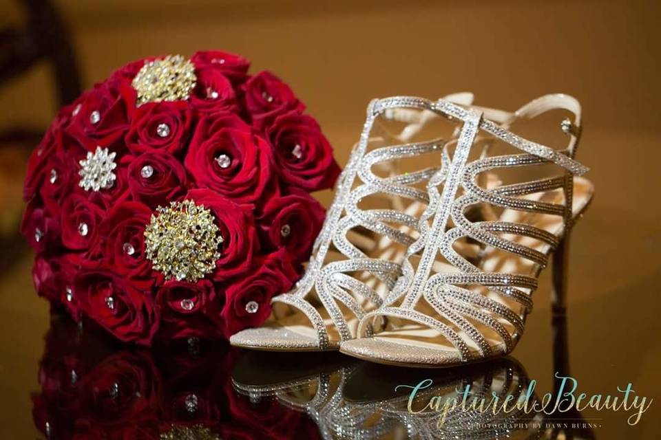 Bridal shoes and bouquet