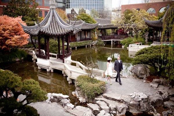 Lan Su Chinese Garden Moon Locking Pavilion and Zig Zag Bridge