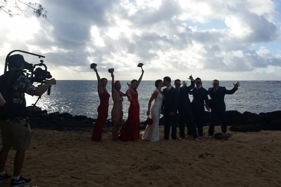 The couple with the bridesmaids and groomsmen