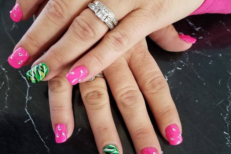 Pink and green manicure