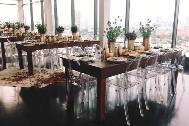 Long tables and floral centerpieces