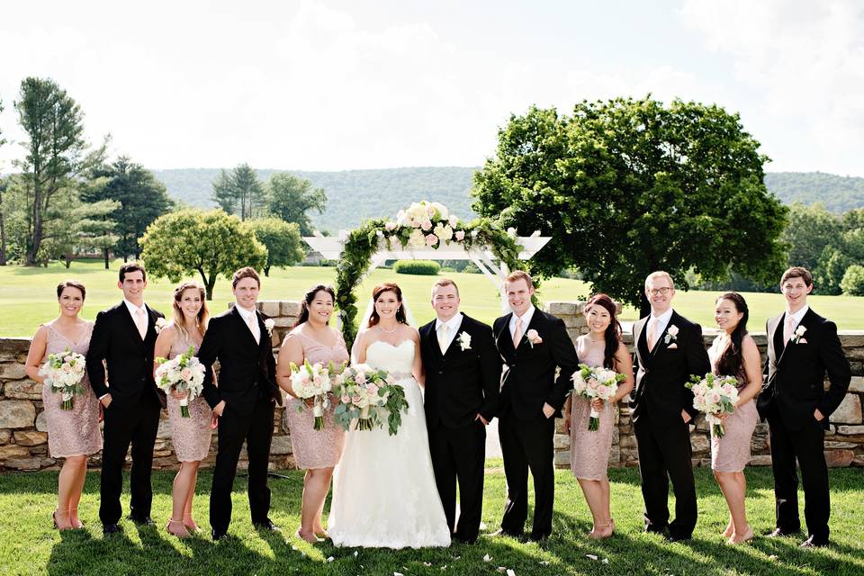 Newlyweds, bridesmaids, and groomsmen