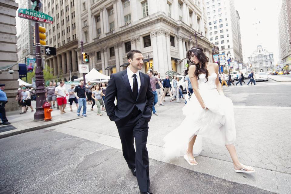 Groom and bride enjoying Broad Street