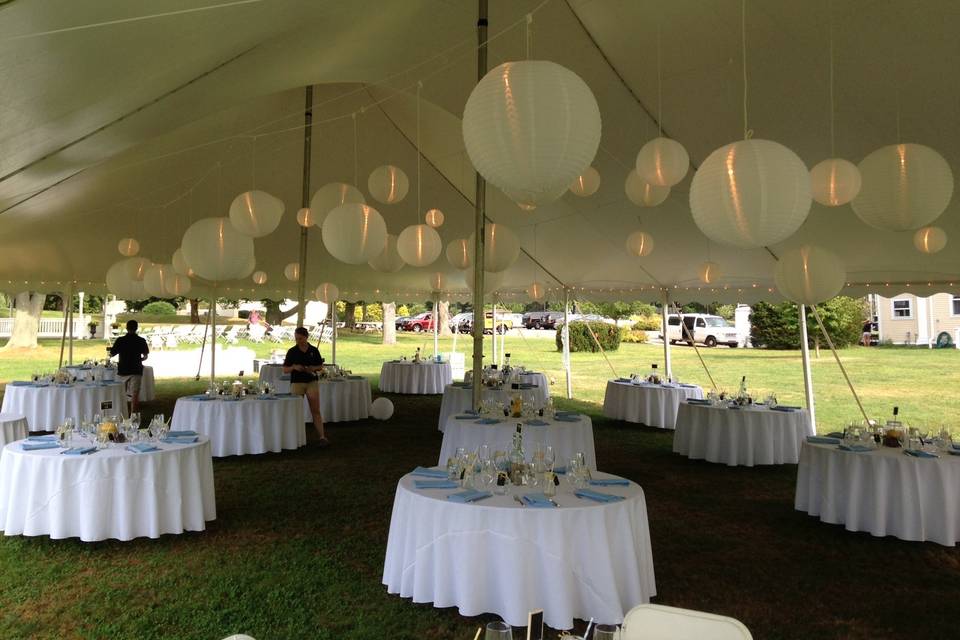 40' x 80' Victorian tent with lanterns and string lighting