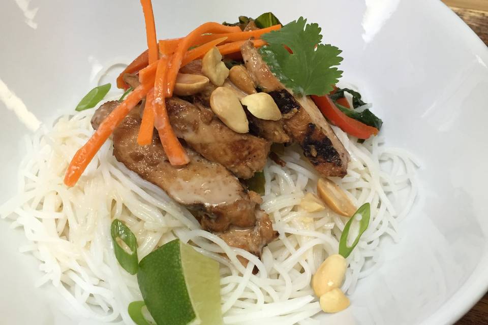 Ginger chile chicken and rice noodles