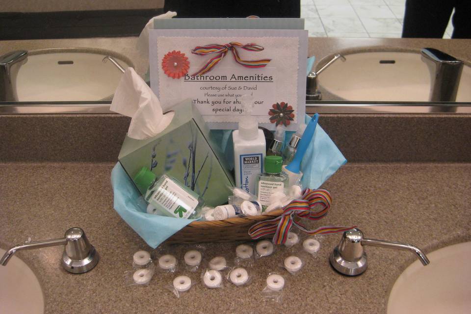 Amenity basket for women's restroom.  All the necessary toiletry items for guests!