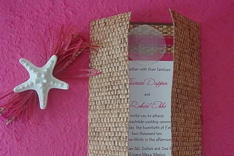 Custom Beach Theme Invitation with a shell and Starfish Embellishmnt.  Hand crafted Bamboo Gatefold.