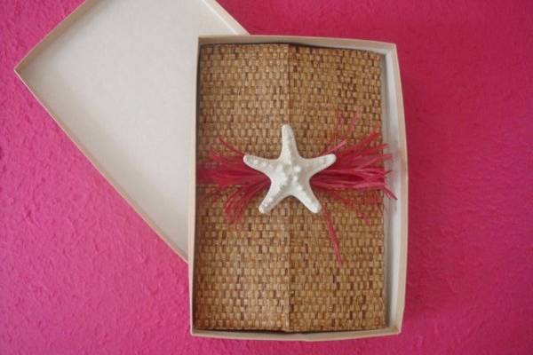 Custom Beach Theme Boxed Invitation with a shell and Starfish Embellishmnt.  Hand crafted Bamboo Gatefold that makes this design a Couture Beach Invitation.