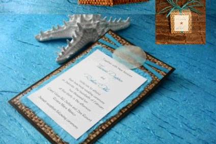 Custom Beach Theme Invitation with a shell and Starfish Embellishmnt.  Hand crafted Bamboo Gatefold.