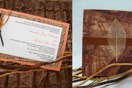 Rustic Invitations that are perfect for a Fall or Winter Wedding.  Choose from the leaf and ribbon embellishment on the hand crafted pocket fold or the stick and leather tie.