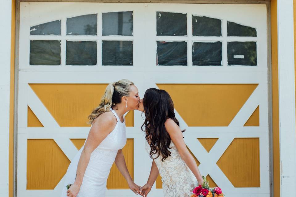 Newlyweds feeding the chickens