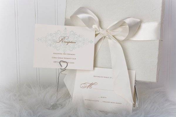 Outside view of silk covered box with satin ribbon. Matching reception and rsvp card complimented the suite.