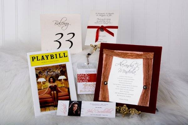 Custom designed suite for a Broadway themed Fifteenth Birthday/Quince celebration. Complimentary items included a Backstage Pass with landyard, personalized tickets (used as place cards), 8 page Playbill (used as program) table numbers and a thank you card.