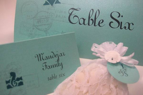 Table Numbers, Tent Cards and Lace Favor Bag (scented beads mixed with assorted seashells, tied with tag and embellished with a miniature sandollar