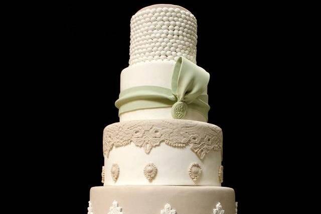 Sage and Tan Lace Cake with Pearls