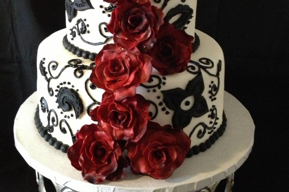 Black and White Cake with Handmade Black Magic Roses
