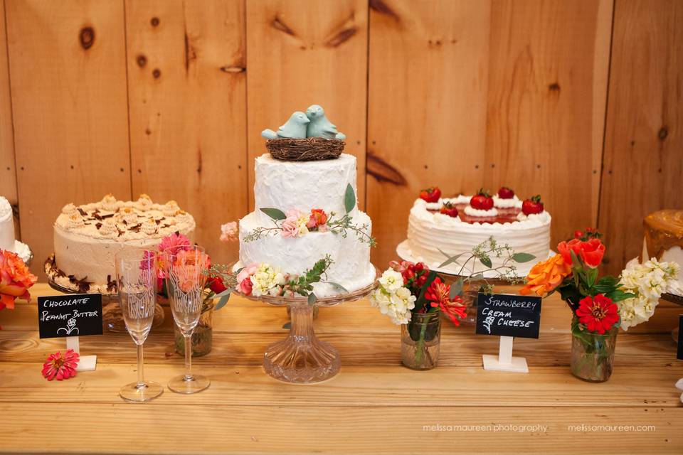 A cake buffet with a carrot cake and white chocolate cream cheese mini wedding cake! Stucco styled frosting