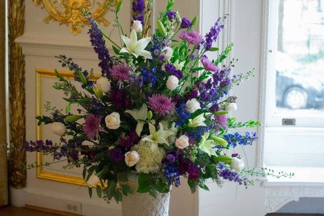Purple and blue themed wedding, these altar pieces were the perfect accent to the venue.