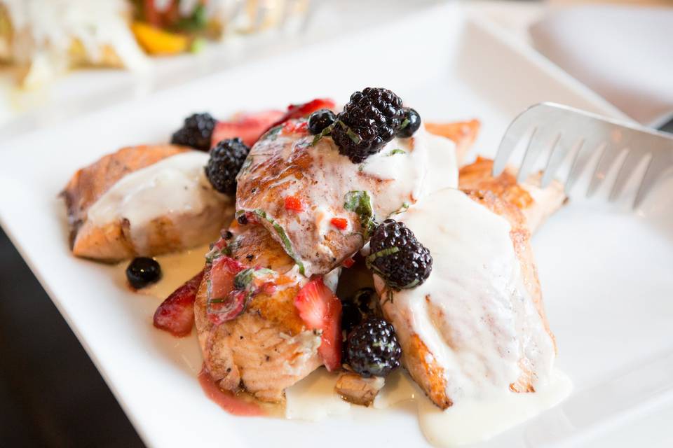 Grilled Chinook Salmon with Shawnee blackberries and basil vinaigrette