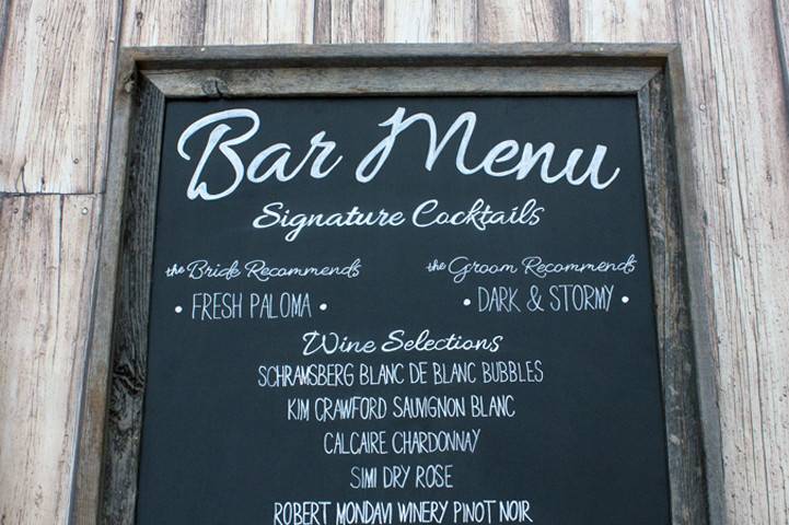 Custom Bar Menu | Signature Drink | Chalkboard Sign in a rustic wood frame for a wedding in Chatham, Cape Cod Mass.