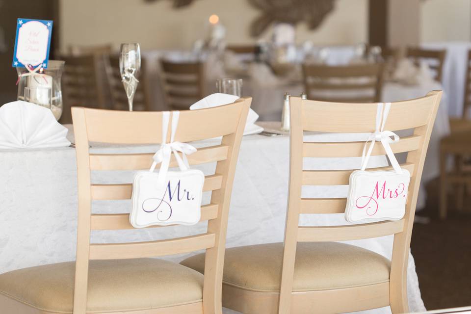 Mr. & Mrs. Chair Signs in white with Navy & Hot Pink for a wedding at Sea Crest Beach Hotel in Cape Cod Mass. Photo by Shoreshotz Weddings. Signs by SKO Designs.