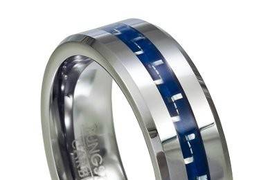 Blue Carbon Fiber Men’s Tungsten Ring with Beveled Edges and Polished Finish – 8mm