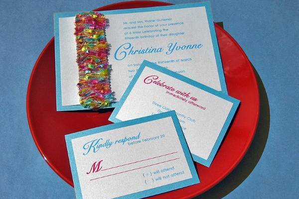 Bright and exciting oversized invitation features a richly-textured colorful trim.