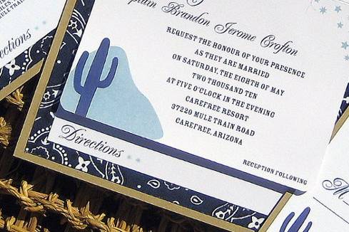 Wedding invitation featuring navy blue bandana fabric, jute twine, and kraft brown.